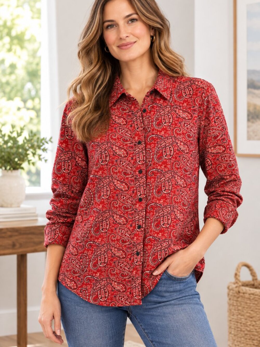 Pendleton Women's Red Paisley Long Sleeve Button-down Shirt Sz L